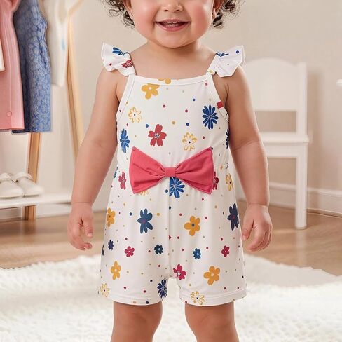 Girls Romper Summer Shorts Floral Polka Dot Jumpsuit Ruffle Strap Shorts Outfit Sleeveless Bow Accent in Kuwait