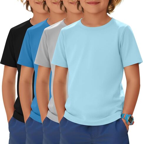 Yooo's Vivi 4 Pack Boys' UPF 50+ Rash Guard Swim Shirts Quick Dry Short Sleeve Crew Neck Tops Sun Protection Summer Tees in Kuwait