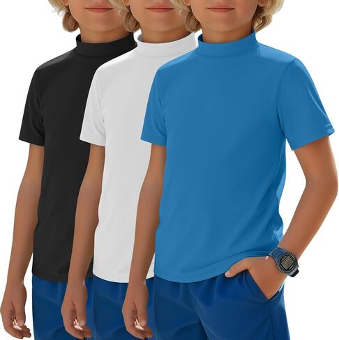 Halfchet 3 Pack Boys Rash Guard UPF 50+ Swim Shirts Mock Neck Short Sleeve T-Shirts Youth Quick Dry Beach Rashguard 5-14 Y in Kuwait