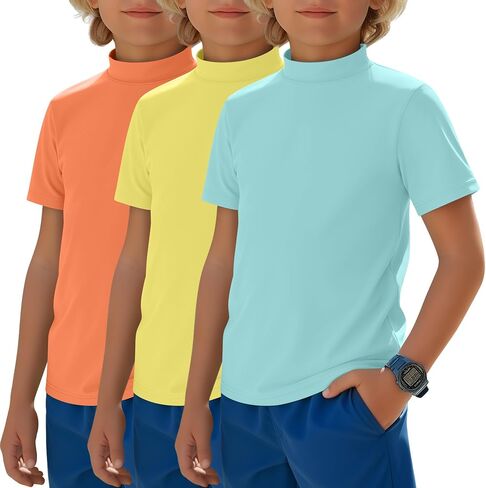 Halfchet 3 Pack Boys Rash Guard UPF 50+ Swim Shirts Mock Neck Short Sleeve T-Shirts Youth Quick Dry Beach Rashguard 5-14 Y in Kuwait