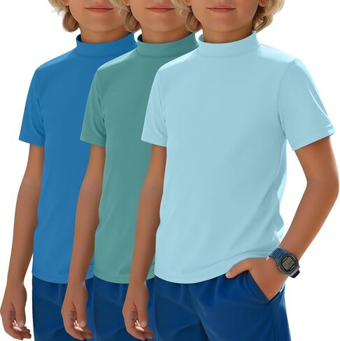 Halfchet 3 Pack Boys Rash Guard UPF 50+ Swim Shirts Mock Neck Short Sleeve T-Shirts Youth Quick Dry Beach Rashguard 5-14 Y in Kuwait