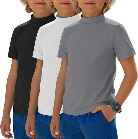 Halfchet 3 Pack Boys Rash Guard UPF 50+ Swim Shirts Mock Neck Short Sleeve T-Shirts Youth Quick Dry Beach Rashguard 5-14 Y in Kuwait
