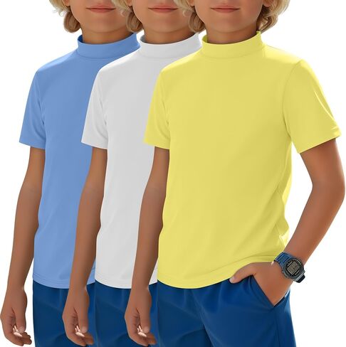Halfchet 3 Pack Boys Rash Guard UPF 50+ Swim Shirts Mock Neck Short Sleeve T-Shirts Youth Quick Dry Beach Rashguard 5-14 Y in Kuwait