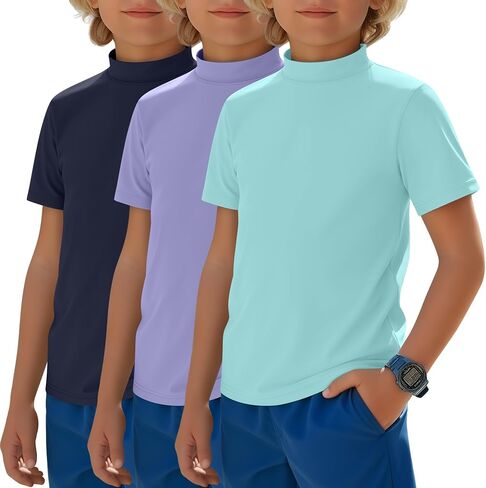 Halfchet 3 Pack Boys Rash Guard UPF 50+ Swim Shirts Mock Neck Short Sleeve T-Shirts Youth Quick Dry Beach Rashguard 5-14 Y in Kuwait