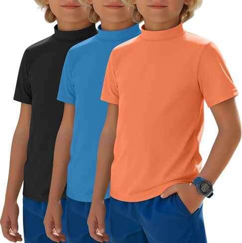 Halfchet 3 Pack Boys Rash Guard UPF 50+ Swim Shirts Mock Neck Short Sleeve T-Shirts Youth Quick Dry Beach Rashguard 5-14 Y in Kuwait