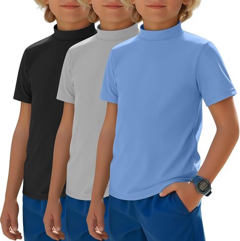 Halfchet 3 Pack Boys Rash Guard UPF 50+ Swim Shirts Mock Neck Short Sleeve T-Shirts Youth Quick Dry Beach Rashguard 5-14 Y in Kuwait