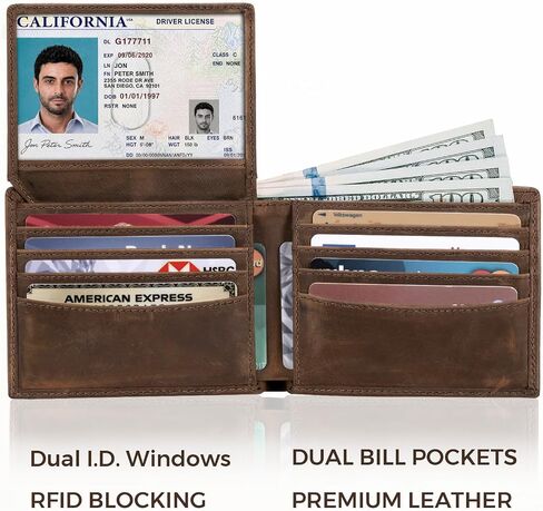 RUNBOX Men's Full Grain Leather Bifold Wallet - Crazy Horse RFID Blocking Slim Wallet with 2 ID Windows, 12 Card Slots & Dual Cash Pockets, Gift for Men in Kuwait