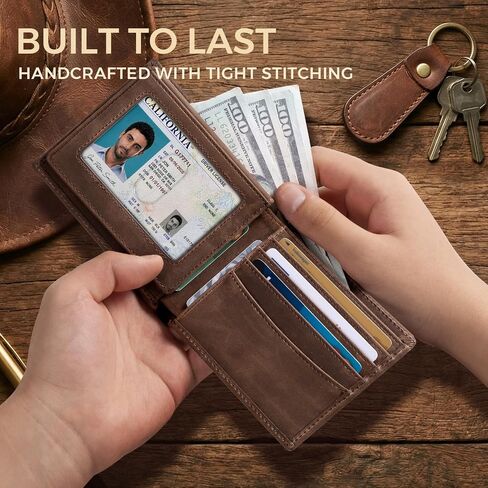 RUNBOX Men's Full Grain Leather Bifold Wallet - Crazy Horse RFID Blocking Slim Wallet with 2 ID Windows, 12 Card Slots & Dual Cash Pockets, Gift for Men in Kuwait