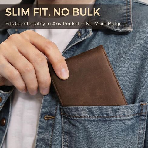 RUNBOX Men's Full Grain Leather Bifold Wallet - Crazy Horse RFID Blocking Slim Wallet with 2 ID Windows, 12 Card Slots & Dual Cash Pockets, Gift for Men in Kuwait