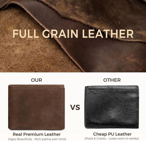 RUNBOX Men's Full Grain Leather Bifold Wallet - Crazy Horse RFID Blocking Slim Wallet with 2 ID Windows, 12 Card Slots & Dual Cash Pockets, Gift for Men in Kuwait