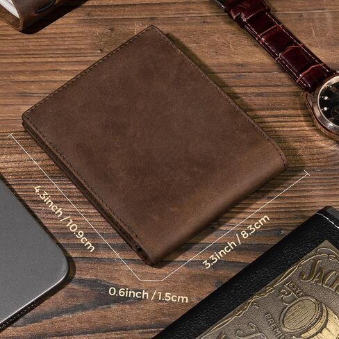 RUNBOX Men's Full Grain Leather Bifold Wallet - Crazy Horse RFID Blocking Slim Wallet with 2 ID Windows, 12 Card Slots & Dual Cash Pockets, Gift for Men in Kuwait