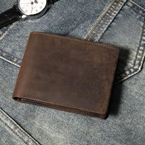 RUNBOX Men's Full Grain Leather Bifold Wallet - Crazy Horse RFID Blocking Slim Wallet with 2 ID Windows, 12 Card Slots & Dual Cash Pockets, Gift for Men in Kuwait