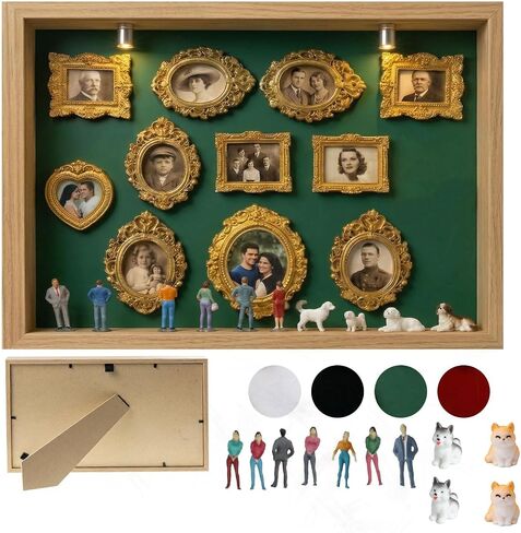LED-Illuminated DIY Miniature Kit Museum, Gold Frames Silhouette Box with 11 Figurines | Custom Shadow Box Frame for Wedding/Anniversary Memories | Home Decor Photo Display Gift (C Style) in Saudi Arabia