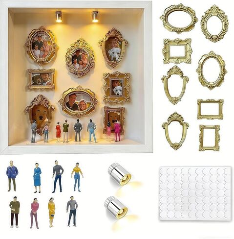 Valentine's Birthday Gift - DIY Mini Museum Shadow Box with 8 Frames, 8 Figurines & 2 LED Lights, Anniversary & Romantic Home Decor, 10x1.9 Inches (White) in Saudi Arabia