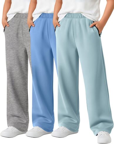 3 Pack Boys Sweatpants Wide Leg Baggy Pants Open Bottom Athletic Kids Teen Joggers with Zipper Pockets Size 5-14 in Kuwait