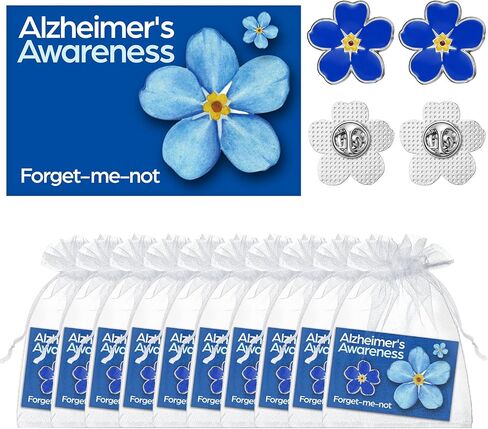 Landical 60 Pcs/30 Sets Forget Me Not Flower Pins with Card Include 30 Forget Me Not Flower Lapel Pins and 30 Support Alzheimer's Awareness Cards for Dementia Campaign Support Charity Supplies in Kuwait
