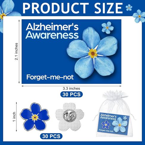 Landical 60 Pcs/30 Sets Forget Me Not Flower Pins with Card Include 30 Forget Me Not Flower Lapel Pins and 30 Support Alzheimer's Awareness Cards for Dementia Campaign Support Charity Supplies in Kuwait