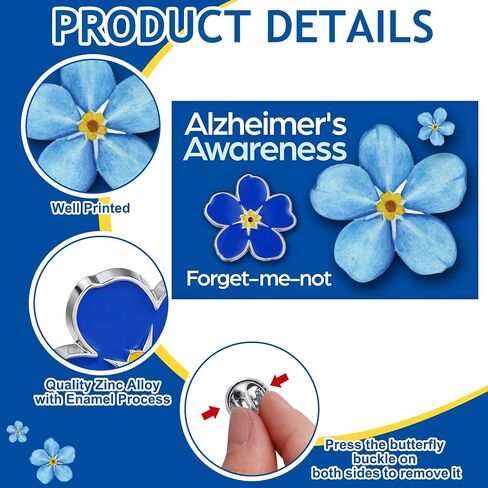 Landical 60 Pcs/30 Sets Forget Me Not Flower Pins with Card Include 30 Forget Me Not Flower Lapel Pins and 30 Support Alzheimer's Awareness Cards for Dementia Campaign Support Charity Supplies in Kuwait
