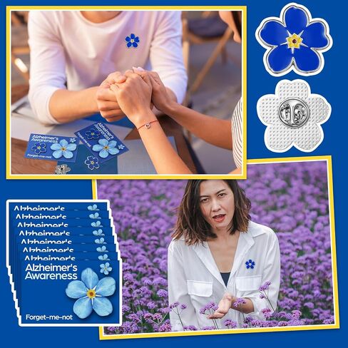 Landical 60 Pcs/30 Sets Forget Me Not Flower Pins with Card Include 30 Forget Me Not Flower Lapel Pins and 30 Support Alzheimer's Awareness Cards for Dementia Campaign Support Charity Supplies in Kuwait