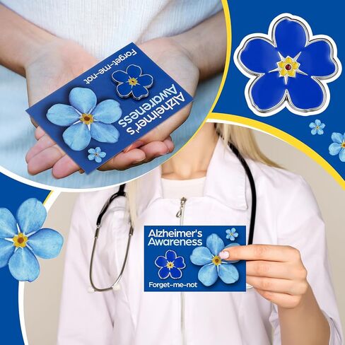 Landical 60 Pcs/30 Sets Forget Me Not Flower Pins with Card Include 30 Forget Me Not Flower Lapel Pins and 30 Support Alzheimer's Awareness Cards for Dementia Campaign Support Charity Supplies in Kuwait