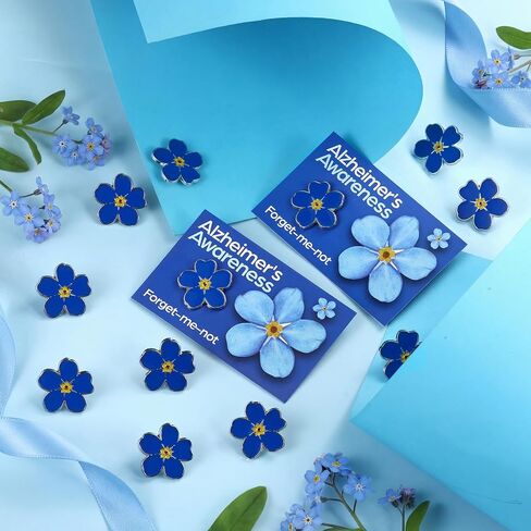 Landical 60 Pcs/30 Sets Forget Me Not Flower Pins with Card Include 30 Forget Me Not Flower Lapel Pins and 30 Support Alzheimer's Awareness Cards for Dementia Campaign Support Charity Supplies in Kuwait