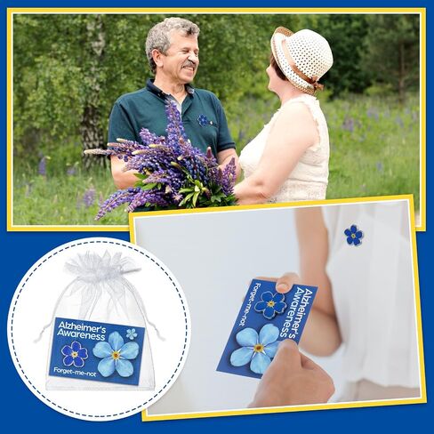 Landical 60 Pcs/30 Sets Forget Me Not Flower Pins with Card Include 30 Forget Me Not Flower Lapel Pins and 30 Support Alzheimer's Awareness Cards for Dementia Campaign Support Charity Supplies in Kuwait