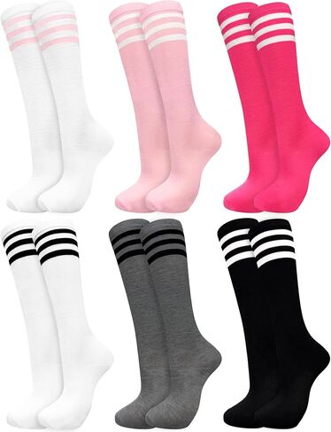 6 Pair Women's Knee High Striped Socks, Long Tube Thin High Athletic Socks Tall Stockings for Outdoor Sports, Roller Skating, Soccor Basketball Football Baseball in Saudi Arabia