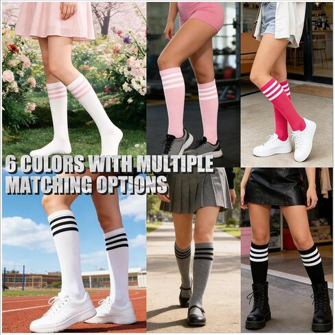 6 Pair Women's Knee High Striped Socks, Long Tube Thin High Athletic Socks Tall Stockings for Outdoor Sports, Roller Skating, Soccor Basketball Football Baseball in Saudi Arabia