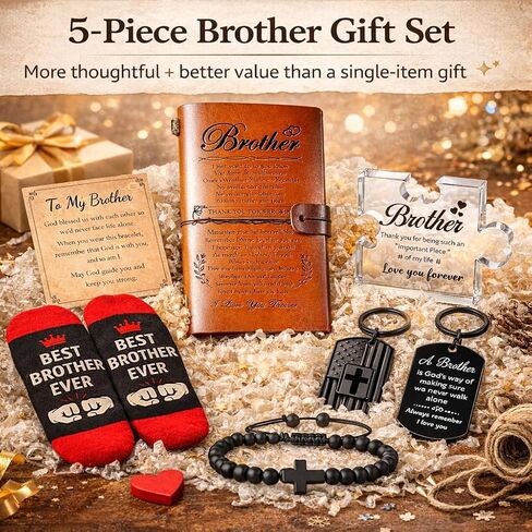 Brother Birthday Gift Set from Sister for Brother Adult Men Funny + Inspirational 5-Piece Gift Bracelet, Socks, Leather Journal, Plaque & Keychain Birthday/Christmas/Just Because in Saudi Arabia
