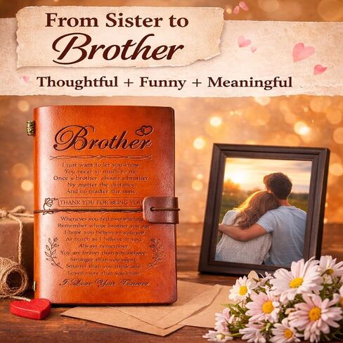Brother Birthday Gift Set from Sister for Brother Adult Men Funny + Inspirational 5-Piece Gift Bracelet, Socks, Leather Journal, Plaque & Keychain Birthday/Christmas/Just Because in Saudi Arabia