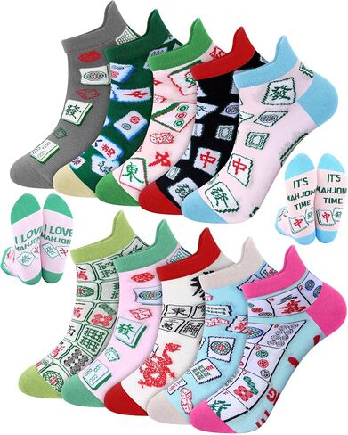 Liitrsh 10 Pairs Funny Mahjong Cotton Socks for Women Novelty Mahjong Themed Ankle Socks Bulk with Classic Patterns Holiday Birthday Gifts for Mother Lovers Fans in Kuwait