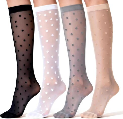 4 Pairs Women's Dot Knee High Stockings Polka Dot Sheer Knee High Stockings Thin Stretchy Breathable Socks in Saudi Arabia