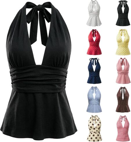 Halter Tank Tops for Women Summer V-Neck Sleeveless Backless Tie-Back Blouses Sexy Causal Slim Fit Going Out Tops in Saudi Arabia