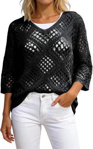 Boho Crochet Tops for Women Long Sleeve Summer Tops Hollow Out Beach Cover Ups V Neck Pullover Sweater Shirts in Kuwait