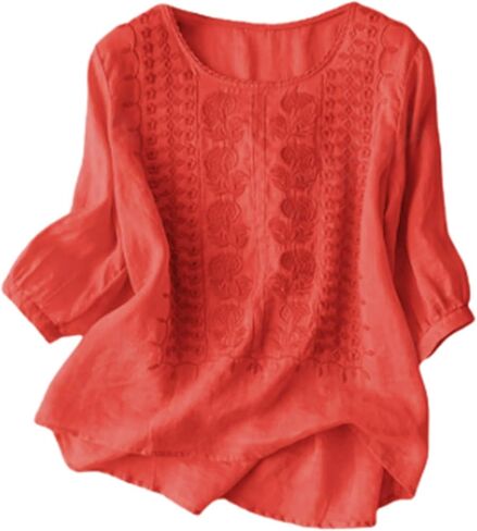 Linen Shirt Women Short Sleeve Embroidered Tops Trendy Summer Boho Crew Neck Blouse Dressy Casual Lounge Beach Top in Saudi Arabia
