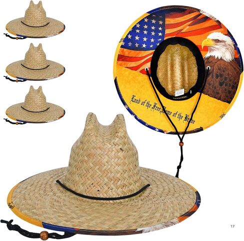 3 Pack Straw Hats for Men, Lifeguard Straw Hat, Wide Brim Sun Hat for Men, Natural Straw, Adjustable Chin Strap in Saudi Arabia