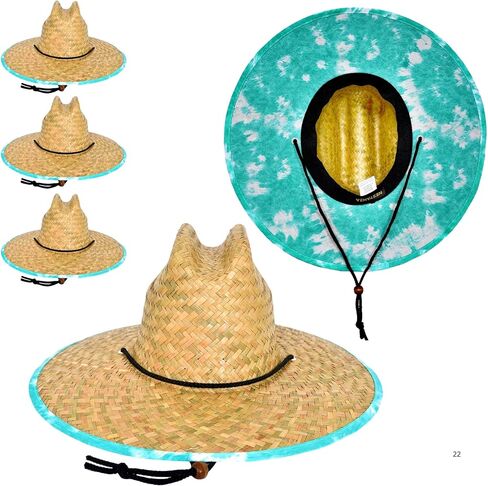 3 Pack Straw Hats for Men, Lifeguard Straw Hat, Wide Brim Sun Hat for Men, Natural Straw, Adjustable Chin Strap in Kuwait