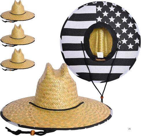 3 Pack Straw Hats for Men, Lifeguard Straw Hat, Wide Brim Sun Hat for Men, Natural Straw, Adjustable Chin Strap in Kuwait