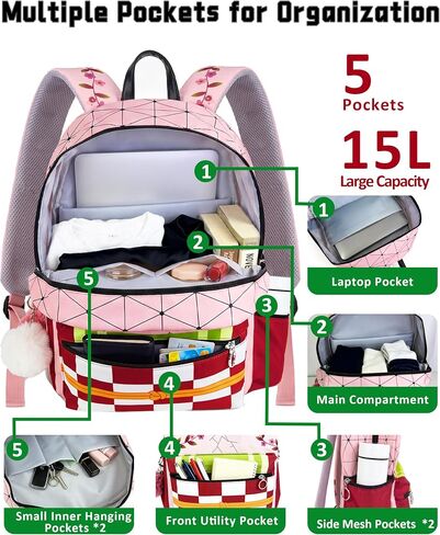 Pink Anime Backpack 15"(with 2 keychains), Anime Bag Daily Casual Cosplay Accessories Merch for Birthday Gifts in Saudi Arabia