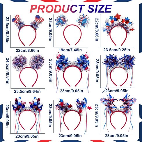 JATEBI 9 PCS Patriotic Head Boppers Headband, 4th of July Party Favors, Hair Red White Blue Accessories Headwear for Independence Day Memorial Day in Kuwait