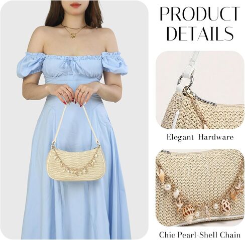 Women's Boho Seashell Pearl Beaded Straw Clutch Purse Summer Woven Beach Bag Vacation Shoulder Handbags in Saudi Arabia