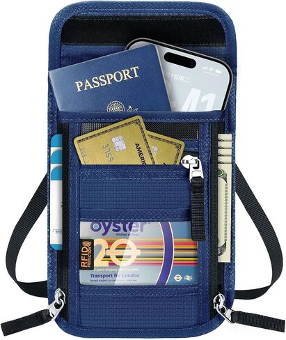 محفظة رقبة للسفر مع خاصية حجب RFID وحامل جواز السفر - حقيبة مخفية ذات سعة كبيرة للهاتف والنقود والبطاقات والهوية | مقاس نحيف، منظم مضاد للسرقة للمطارات ومشاهدة المعالم السياحية in Kuwait