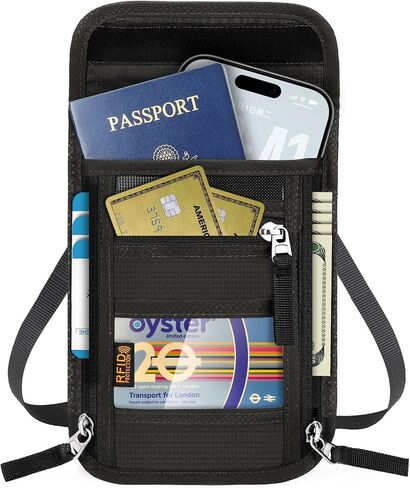 محفظة رقبة للسفر مع خاصية حجب RFID وحامل جواز السفر - حقيبة مخفية ذات سعة كبيرة للهاتف والنقود والبطاقات والهوية | مقاس نحيف، منظم مضاد للسرقة للمطارات ومشاهدة المعالم السياحية in Kuwait