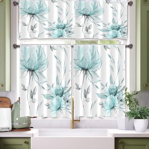 PRETYZOOM 3 Pieces Watercolor Floral Curtains with Valance Sets for Windows, Light Spring Tiers Set for Over Sink Decor, 36"x26", Teal in Kuwait