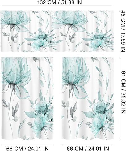 PRETYZOOM 3 Pieces Watercolor Floral Curtains with Valance Sets for Windows, Light Spring Tiers Set for Over Sink Decor, 36"x26", Teal in Kuwait