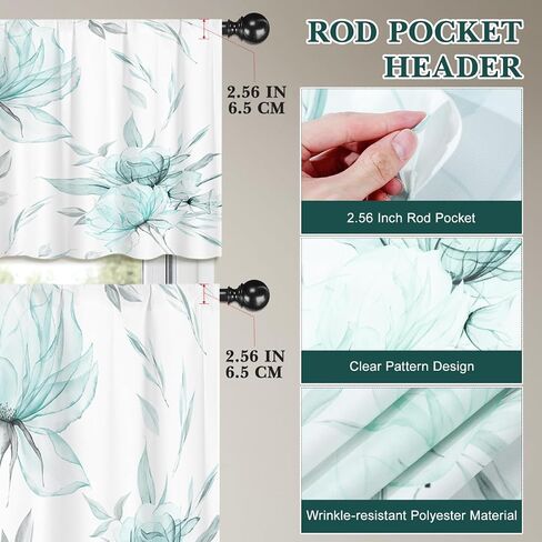 PRETYZOOM 3 Pieces Watercolor Floral Curtains with Valance Sets for Windows, Light Spring Tiers Set for Over Sink Decor, 36"x26", Teal in Kuwait