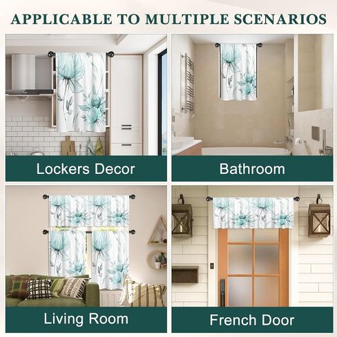 PRETYZOOM 3 Pieces Watercolor Floral Curtains with Valance Sets for Windows, Light Spring Tiers Set for Over Sink Decor, 36"x26", Teal in Kuwait
