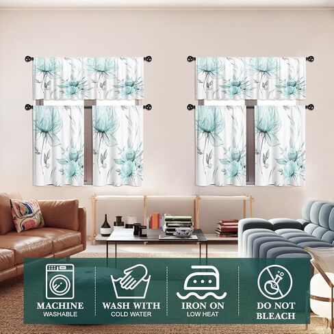 PRETYZOOM 3 Pieces Watercolor Floral Curtains with Valance Sets for Windows, Light Spring Tiers Set for Over Sink Decor, 36"x26", Teal in Kuwait