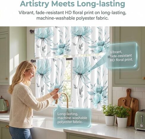 PRETYZOOM 3 Pieces Watercolor Floral Curtains with Valance Sets for Windows, Light Spring Tiers Set for Over Sink Decor, 36"x26", Teal in Kuwait