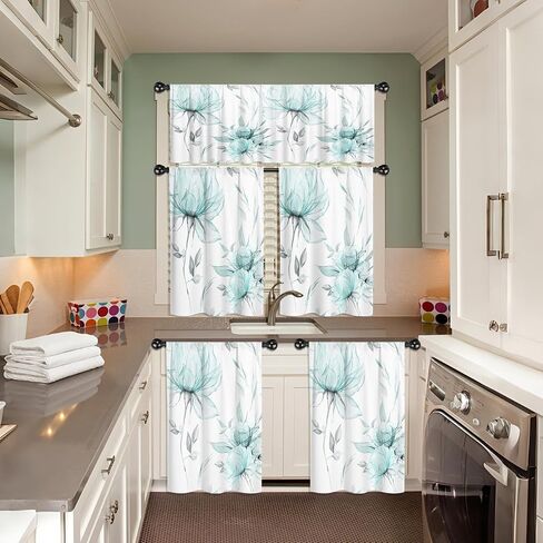 PRETYZOOM 3 Pieces Watercolor Floral Curtains with Valance Sets for Windows, Light Spring Tiers Set for Over Sink Decor, 36"x26", Teal in Kuwait